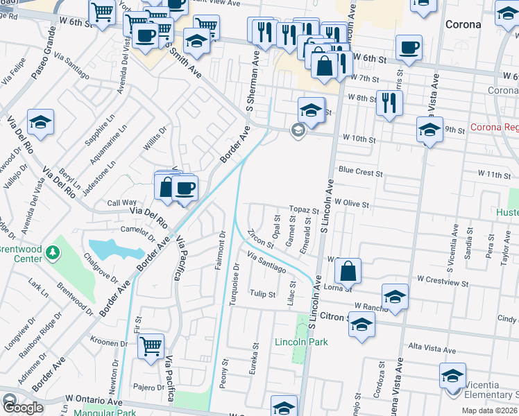 map of restaurants, bars, coffee shops, grocery stores, and more near 1302 Turquoise Drive in Corona