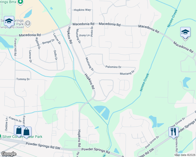 map of restaurants, bars, coffee shops, grocery stores, and more near 3411 Mustang Drive in Powder Springs