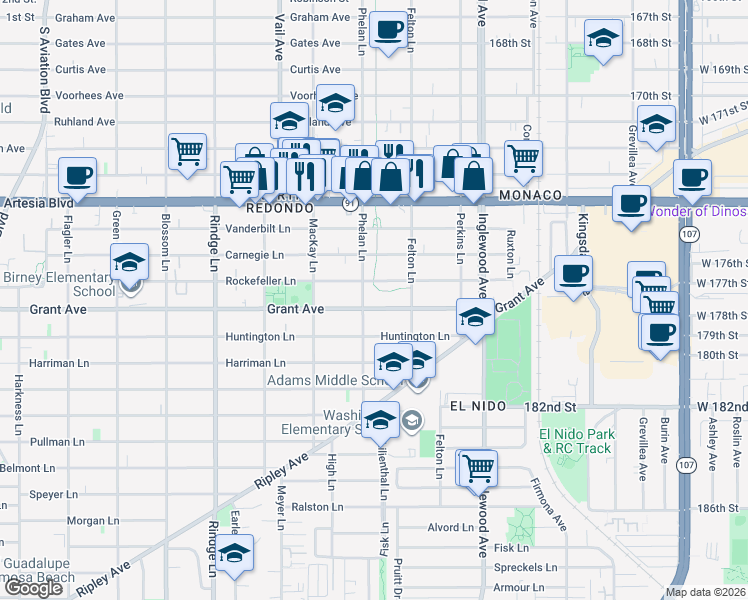 map of restaurants, bars, coffee shops, grocery stores, and more near 2505 Grant Avenue in Redondo Beach
