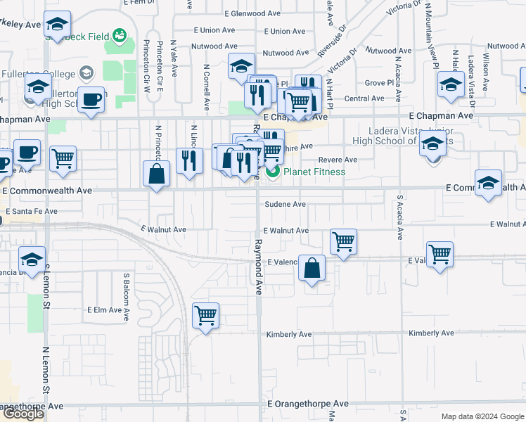 map of restaurants, bars, coffee shops, grocery stores, and more near 204 South Raymond Avenue in Fullerton
