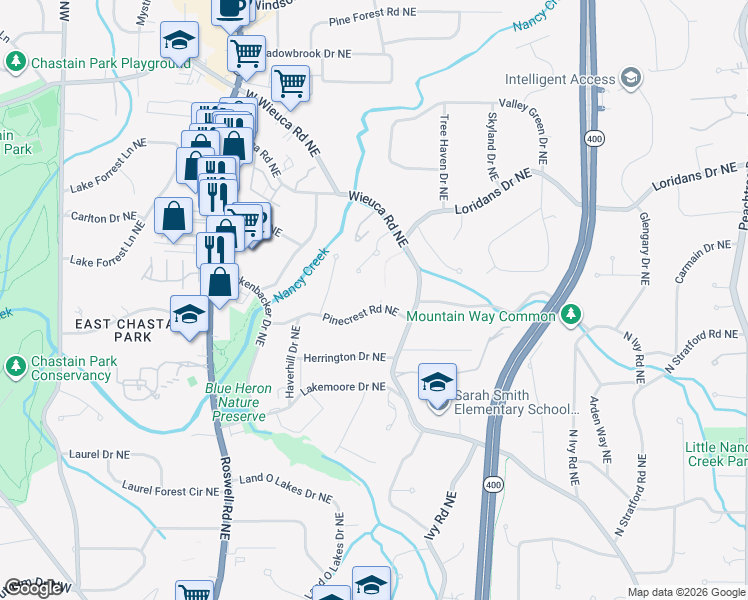 map of restaurants, bars, coffee shops, grocery stores, and more near 406 Pinecrest Road Northeast in Atlanta