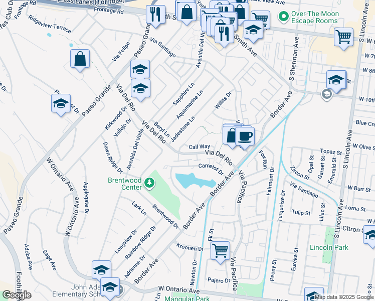 map of restaurants, bars, coffee shops, grocery stores, and more near 1486 Call Way in Corona