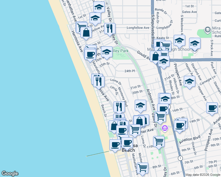 map of restaurants, bars, coffee shops, grocery stores, and more near 2258 Monterey Boulevard in Hermosa Beach