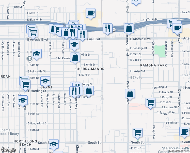 map of restaurants, bars, coffee shops, grocery stores, and more near 2250 East Poinsettia Street in Long Beach