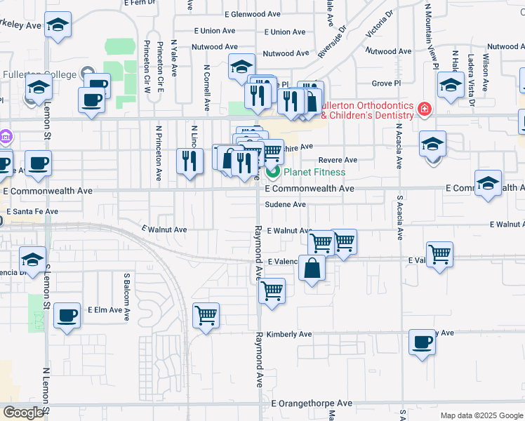 map of restaurants, bars, coffee shops, grocery stores, and more near 204 South Raymond Avenue in Fullerton