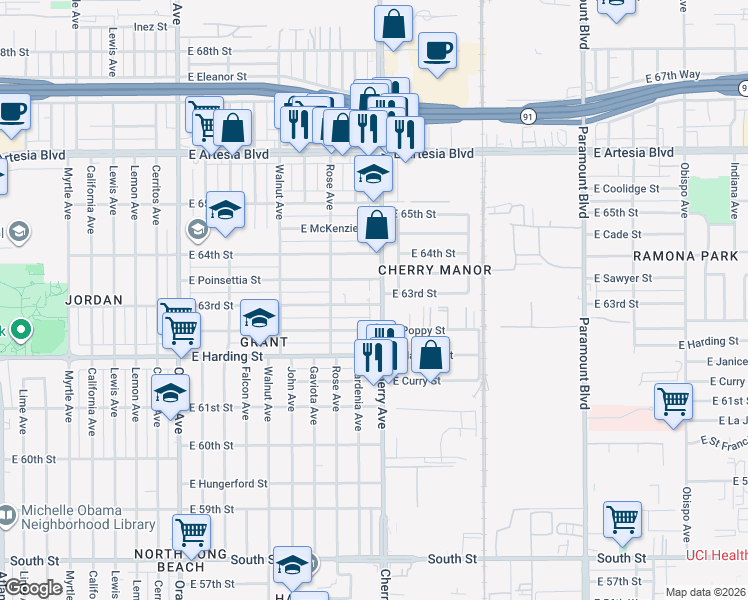 map of restaurants, bars, coffee shops, grocery stores, and more near 6303 Cherry Avenue in Long Beach