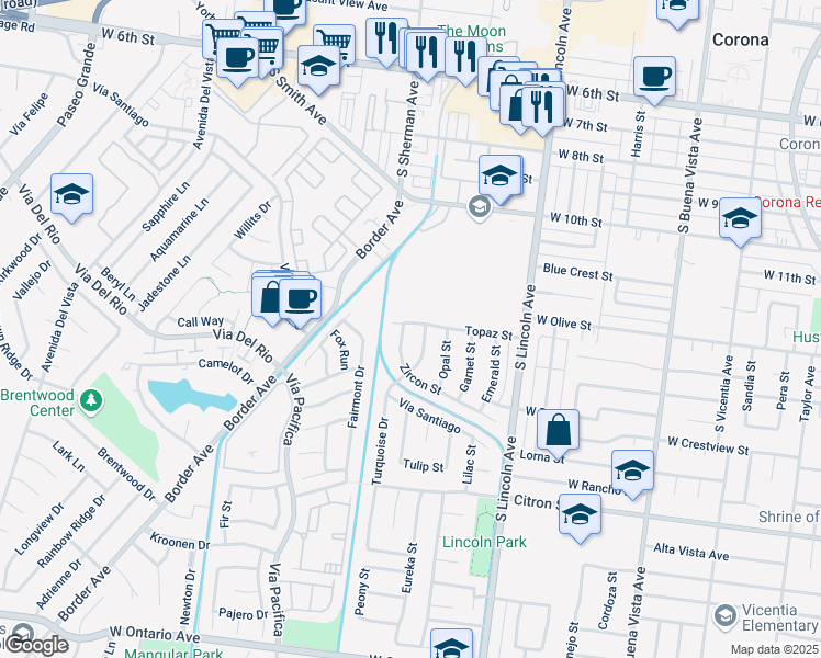 map of restaurants, bars, coffee shops, grocery stores, and more near 1191 Zircon Street in Corona