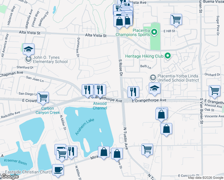 map of restaurants, bars, coffee shops, grocery stores, and more near 1171 Curie Lane in Placentia
