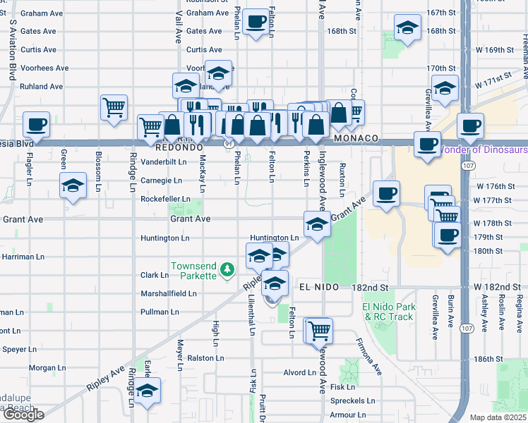 map of restaurants, bars, coffee shops, grocery stores, and more near 2519 Grant Avenue in Redondo Beach