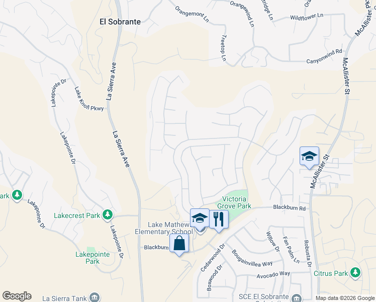 map of restaurants, bars, coffee shops, grocery stores, and more near 17187 Sandlewood Drive in Riverside