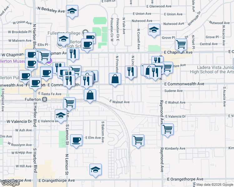 map of restaurants, bars, coffee shops, grocery stores, and more near 705 East Santa Fe Avenue in Fullerton