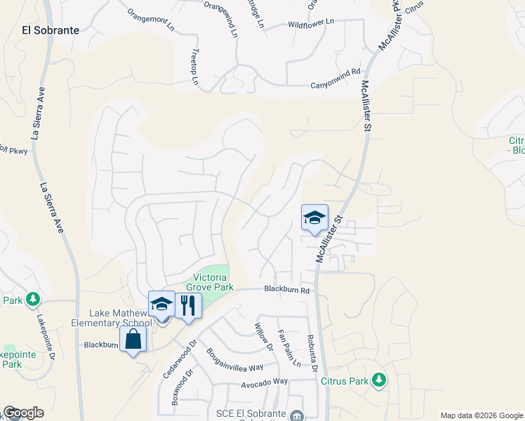 map of restaurants, bars, coffee shops, grocery stores, and more near 17247 Cross Creek Lane in Riverside