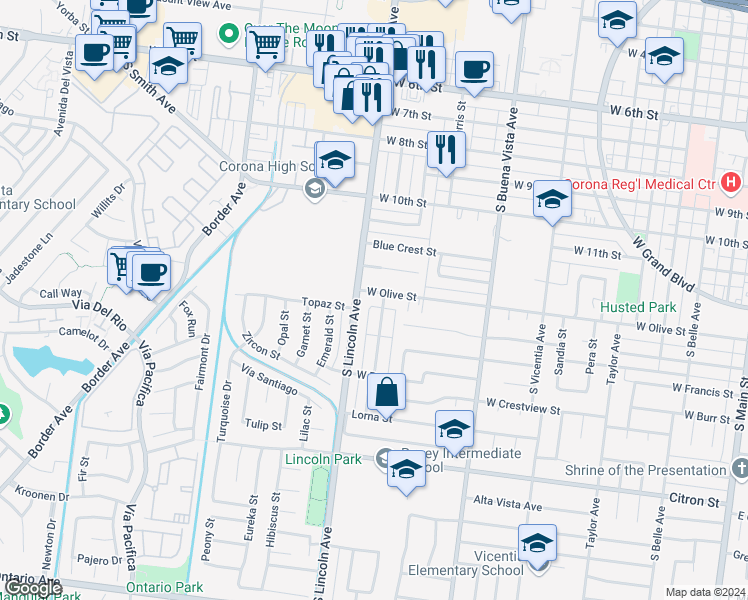 map of restaurants, bars, coffee shops, grocery stores, and more near 1047 West Olive Street in Corona