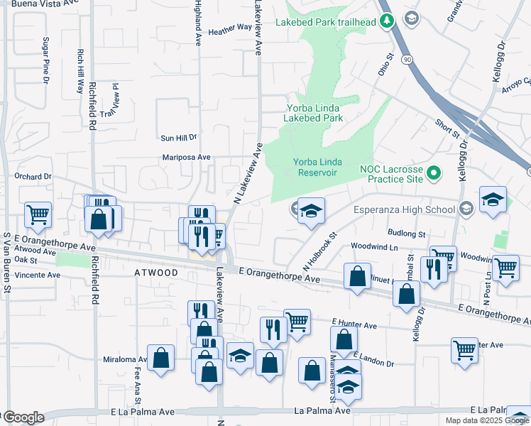map of restaurants, bars, coffee shops, grocery stores, and more near 18182 Orchard Drive in Yorba Linda