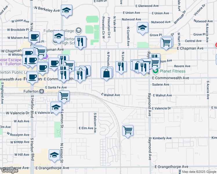 map of restaurants, bars, coffee shops, grocery stores, and more near 630 East Commonwealth Avenue in Fullerton