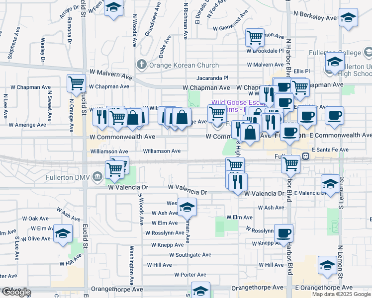 map of restaurants, bars, coffee shops, grocery stores, and more near 101 South Richman Avenue in Fullerton