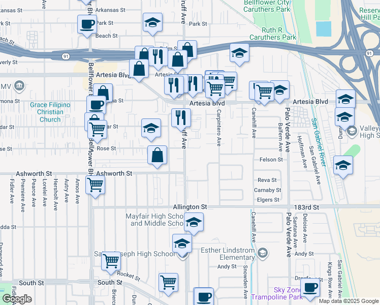 map of restaurants, bars, coffee shops, grocery stores, and more near 17819 Woodruff Avenue in Bellflower
