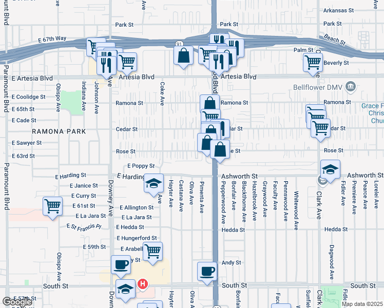 map of restaurants, bars, coffee shops, grocery stores, and more near 8815 Rose Street in Bellflower
