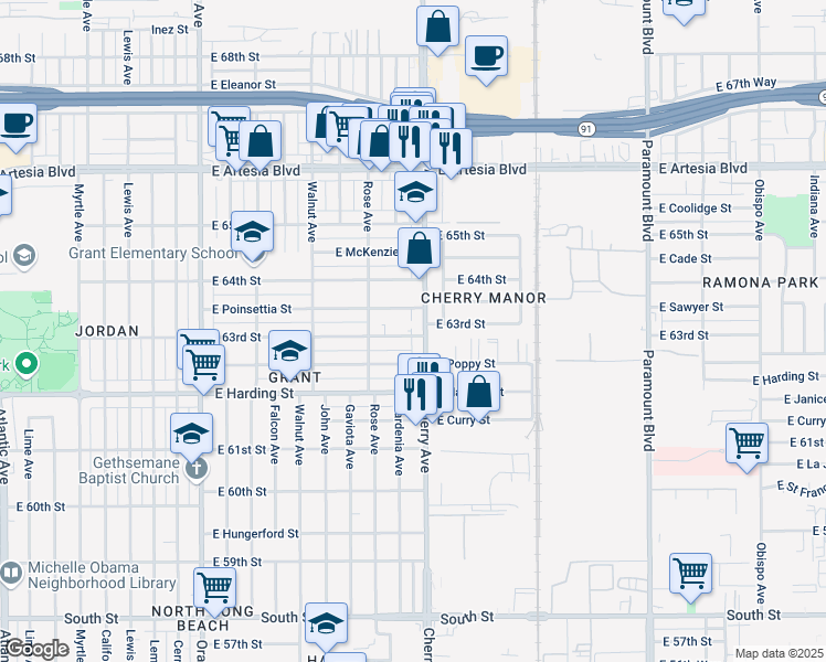 map of restaurants, bars, coffee shops, grocery stores, and more near in Long Beach