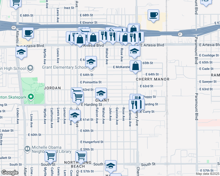 map of restaurants, bars, coffee shops, grocery stores, and more near 1600 East Poinsettia Street in Long Beach