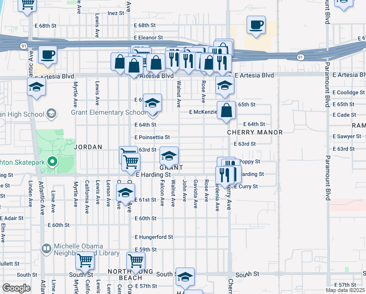 map of restaurants, bars, coffee shops, grocery stores, and more near 1600 East Poinsettia Street in Long Beach