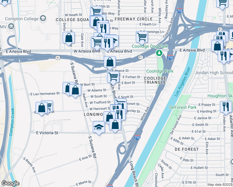 map of restaurants, bars, coffee shops, grocery stores, and more near 6350 Long Beach Boulevard in Long Beach