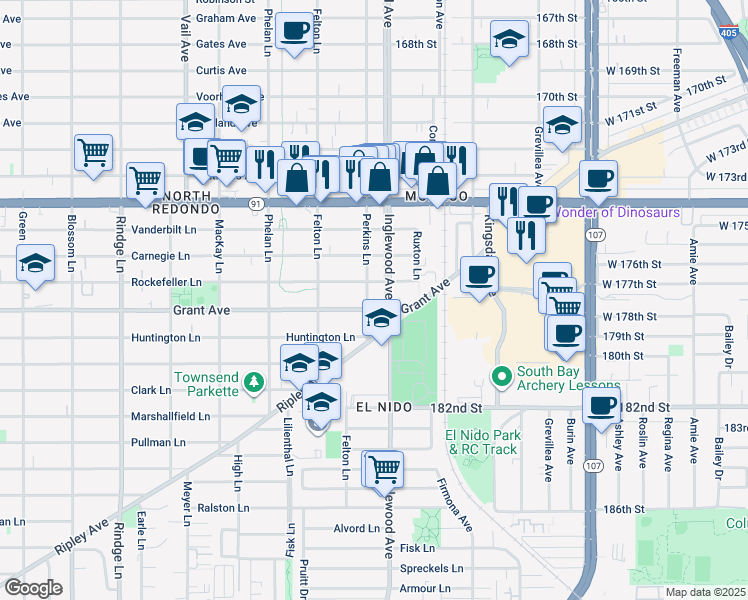 map of restaurants, bars, coffee shops, grocery stores, and more near 2703 Rockefeller Lane in Redondo Beach