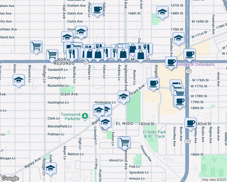 map of restaurants, bars, coffee shops, grocery stores, and more near 2609 Rockefeller Lane in Redondo Beach
