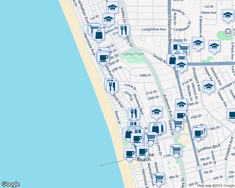 map of restaurants, bars, coffee shops, grocery stores, and more near 2258 Monterey Boulevard in Hermosa Beach