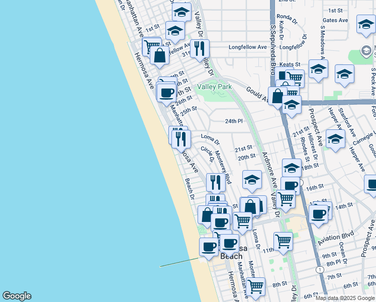 map of restaurants, bars, coffee shops, grocery stores, and more near 2258 Monterey Boulevard in Hermosa Beach