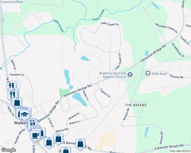 map of restaurants, bars, coffee shops, grocery stores, and more near 103 Village Circle in Watkinsville