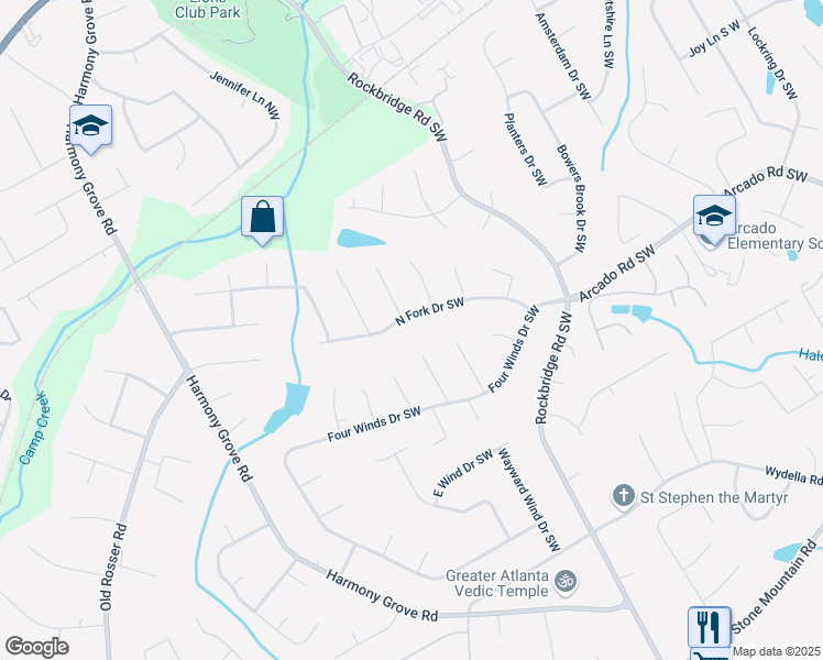 map of restaurants, bars, coffee shops, grocery stores, and more near 5465 North Fork Drive Southwest in Lilburn