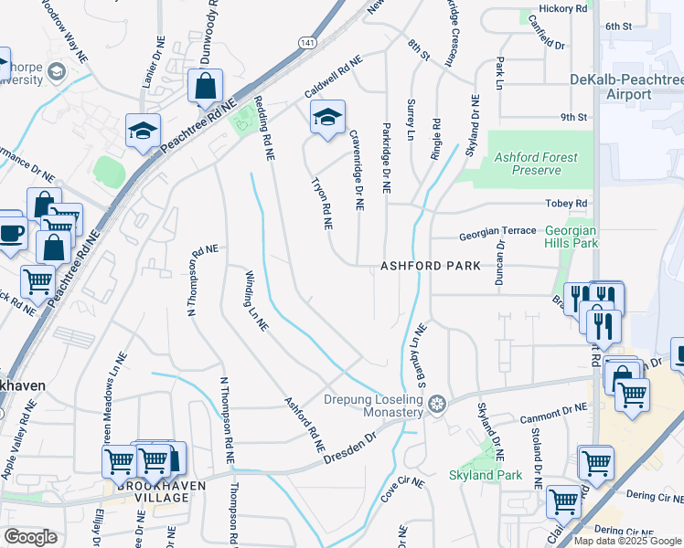 map of restaurants, bars, coffee shops, grocery stores, and more near 1655 Tryon Road Northeast in Atlanta