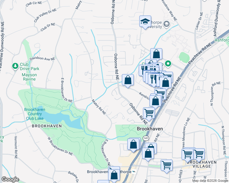 map of restaurants, bars, coffee shops, grocery stores, and more near 1150 Brookhaven Commons Drive Northeast in Atlanta