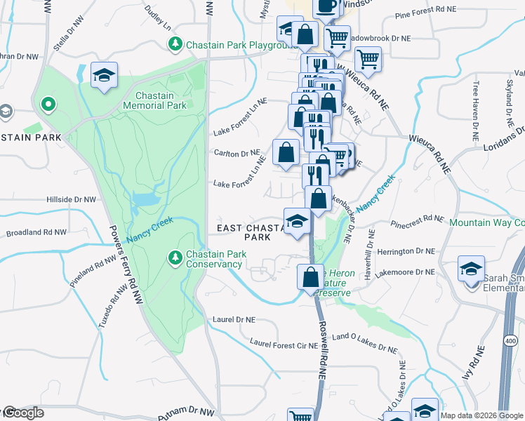 map of restaurants, bars, coffee shops, grocery stores, and more near 1 King James Place Northeast in Atlanta