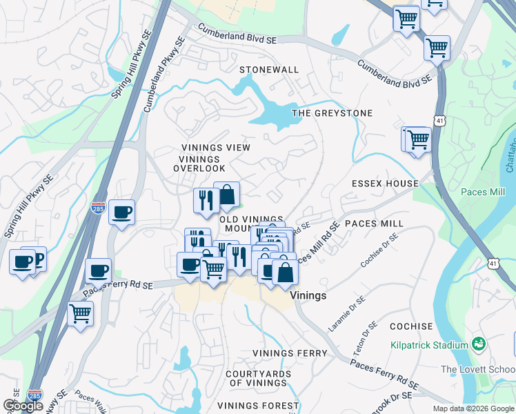 map of restaurants, bars, coffee shops, grocery stores, and more near 2950 Mount Wilkinson Parkway Southeast in Atlanta