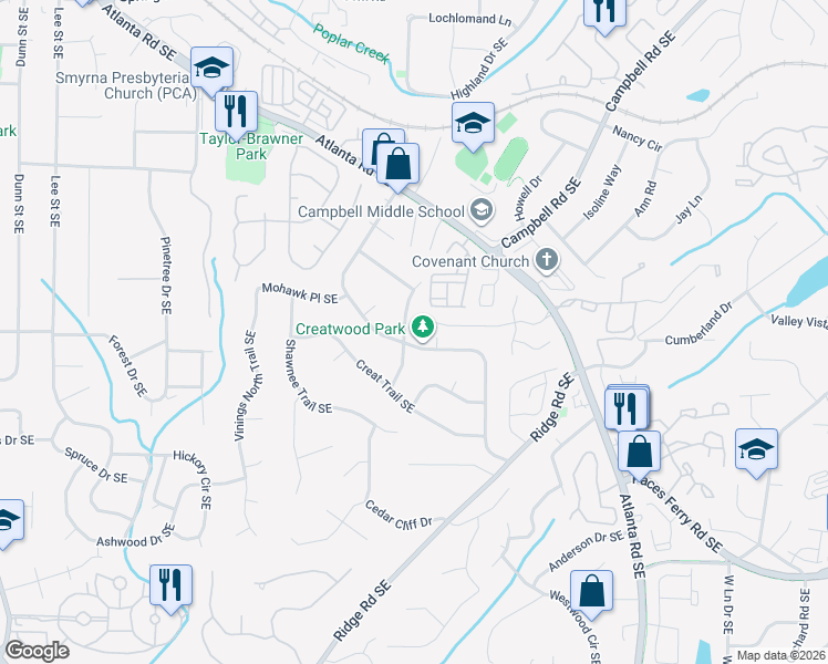 map of restaurants, bars, coffee shops, grocery stores, and more near 3406 Navaho Trail Southeast in Smyrna