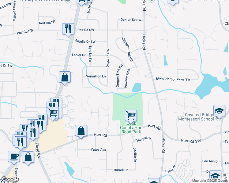map of restaurants, bars, coffee shops, grocery stores, and more near 3440 Oregon Trail Southwest in Marietta