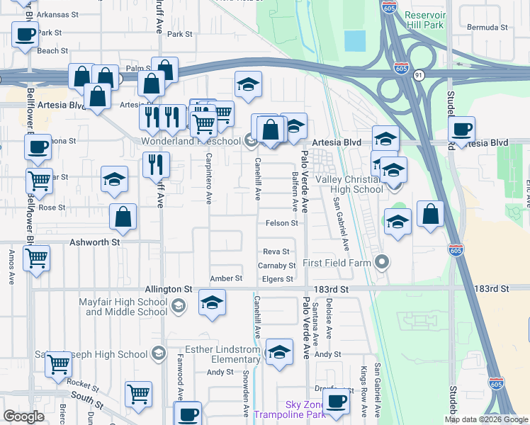 map of restaurants, bars, coffee shops, grocery stores, and more near 10508 Semora Street in Bellflower