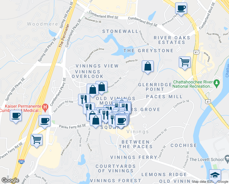 map of restaurants, bars, coffee shops, grocery stores, and more near 2950 Mount Wilkinson Parkway Southeast in Atlanta