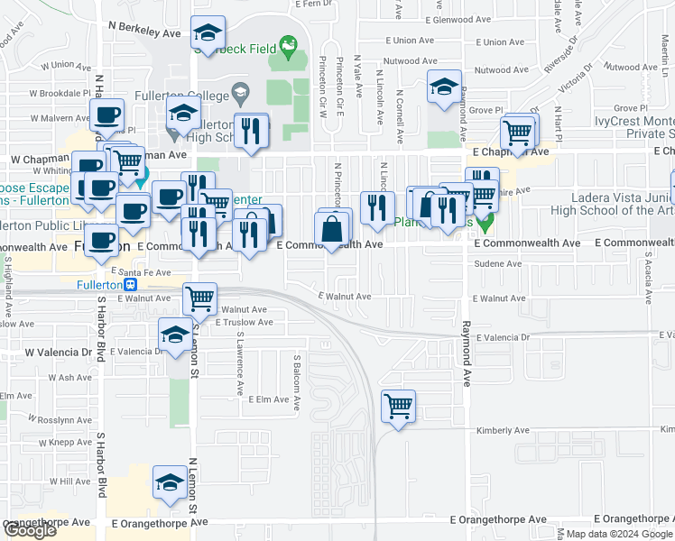 map of restaurants, bars, coffee shops, grocery stores, and more near 630 East Commonwealth Avenue in Fullerton