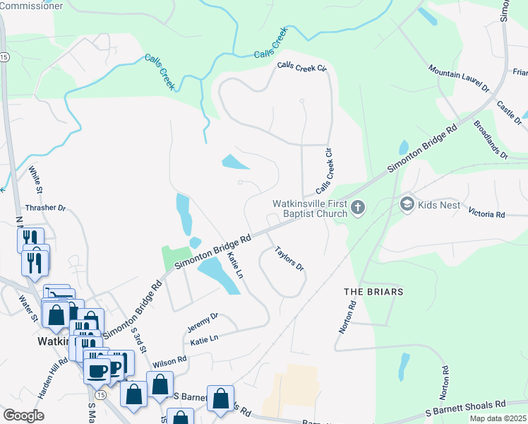 map of restaurants, bars, coffee shops, grocery stores, and more near 103 Village Circle in Watkinsville