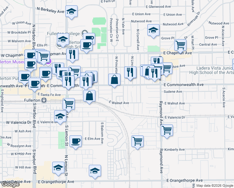 map of restaurants, bars, coffee shops, grocery stores, and more near 705 East Santa Fe Avenue in Fullerton