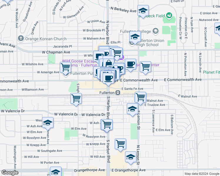 map of restaurants, bars, coffee shops, grocery stores, and more near in Fullerton