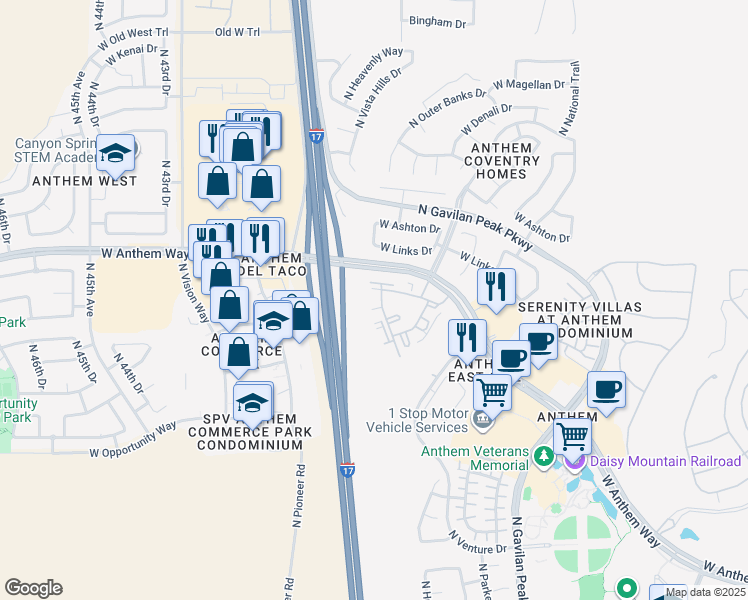 map of restaurants, bars, coffee shops, grocery stores, and more near 3825 West Anthem Way in Anthem