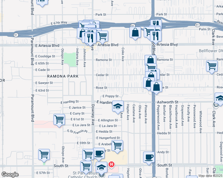 map of restaurants, bars, coffee shops, grocery stores, and more near 8612 Rose Street in Bellflower