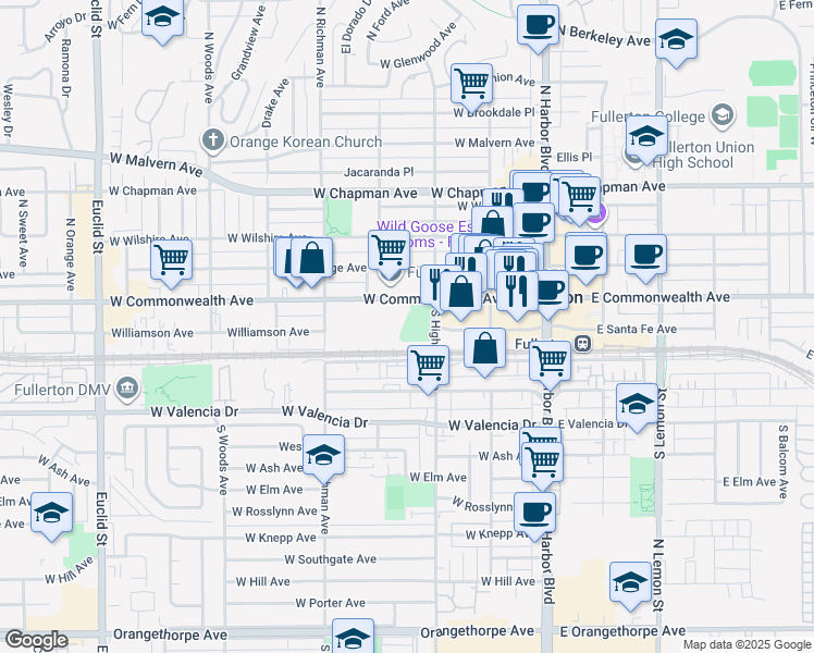 map of restaurants, bars, coffee shops, grocery stores, and more near 340 West Commonwealth Avenue in Fullerton