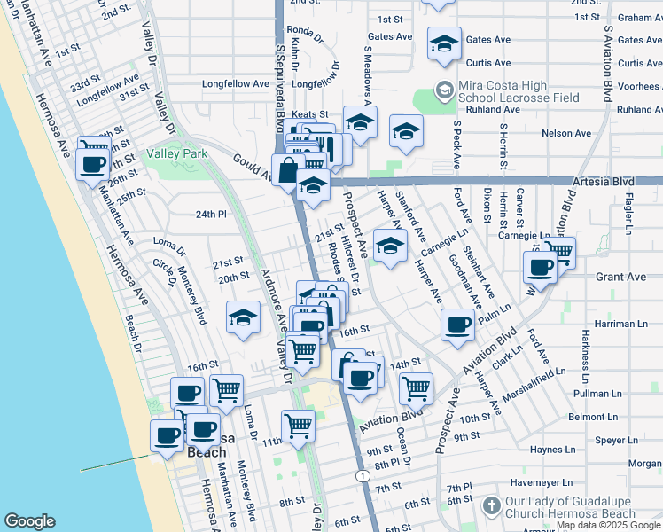 map of restaurants, bars, coffee shops, grocery stores, and more near 835 19th Street in Hermosa Beach