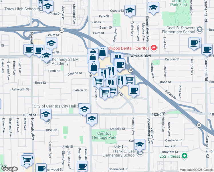 map of restaurants, bars, coffee shops, grocery stores, and more near 17777 Center Court Drive North in Cerritos