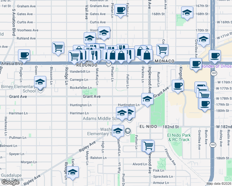 map of restaurants, bars, coffee shops, grocery stores, and more near 2505 Grant Avenue in Redondo Beach